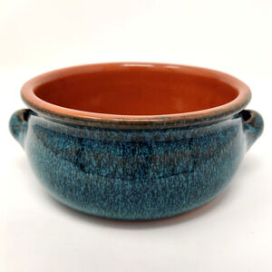 Terra Cotta Glazed Soup Bowl Crock Pottery Teal Blue Rustic Made in Spain